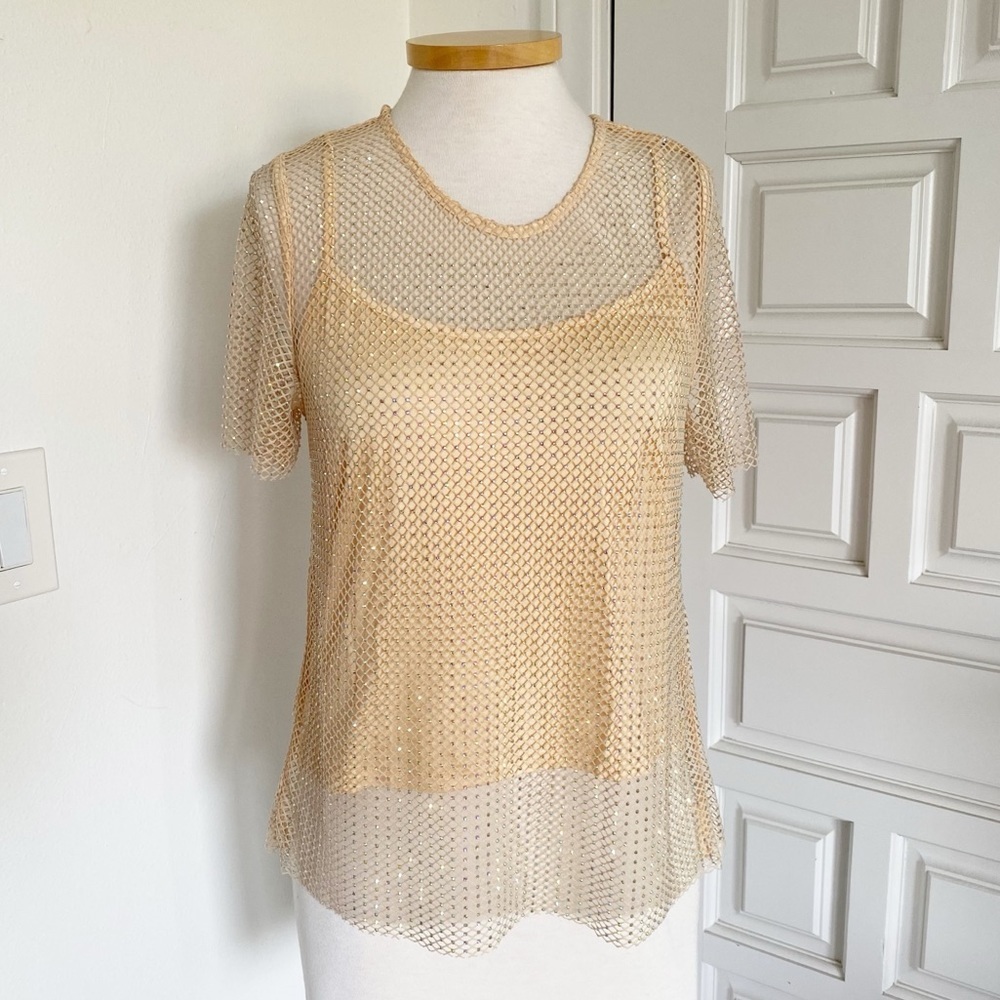 NWT Sunday in Brooklyn Anthropologie Sparkly Rhinestone Mesh Top & Cami Medium